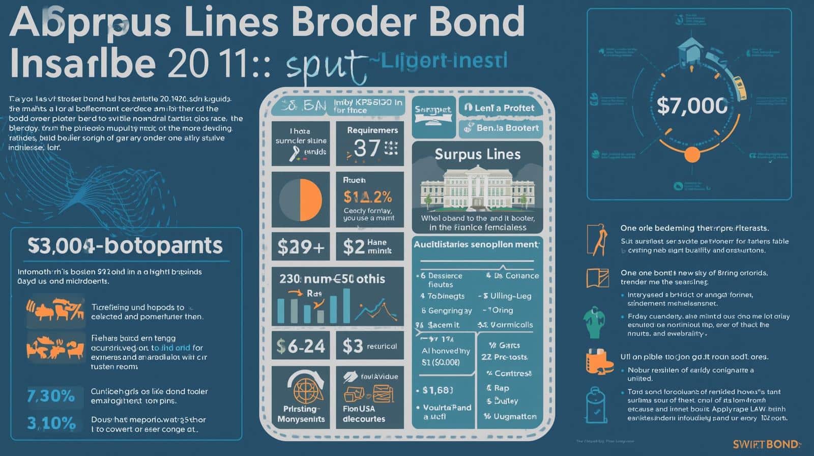 Infographic explaining Alabama surplus lines broker bond requirements, costs, and industry statistics.