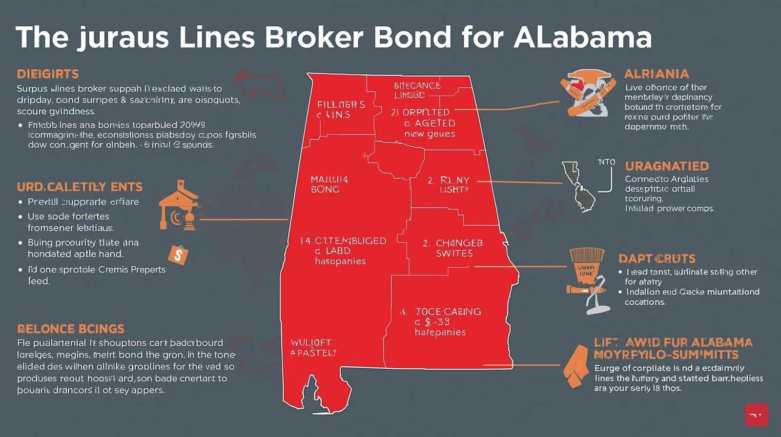 Map-based graphic of Alabama highlighting surplus lines broker bond obligations across counties.