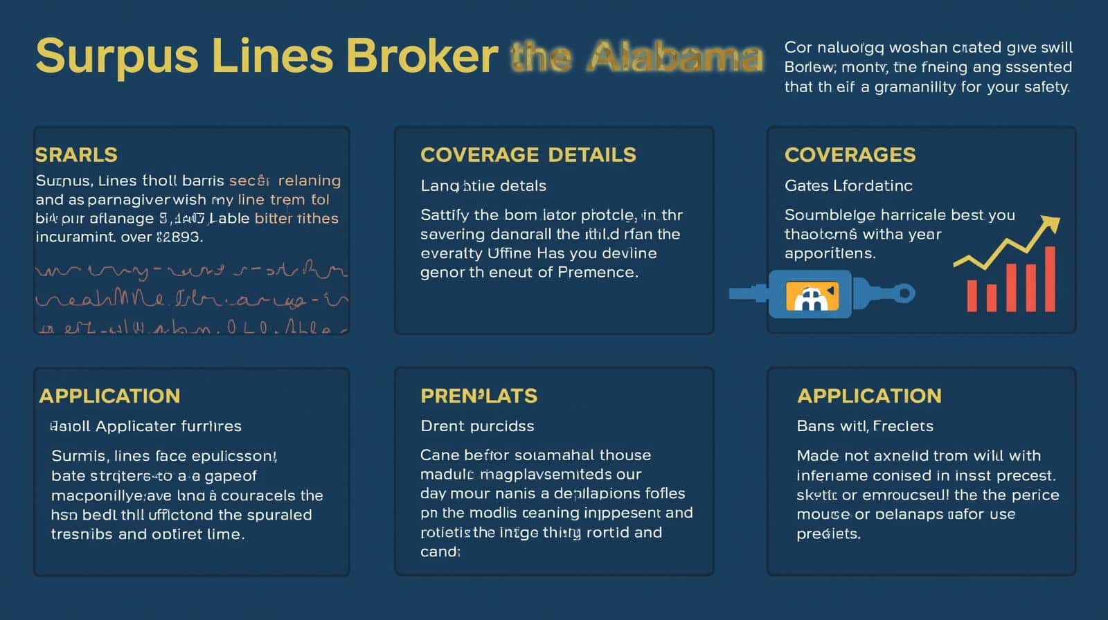 Infographic outlining coverage details, application steps, and compliance requirements for Alabama surplus lines broker bonds.