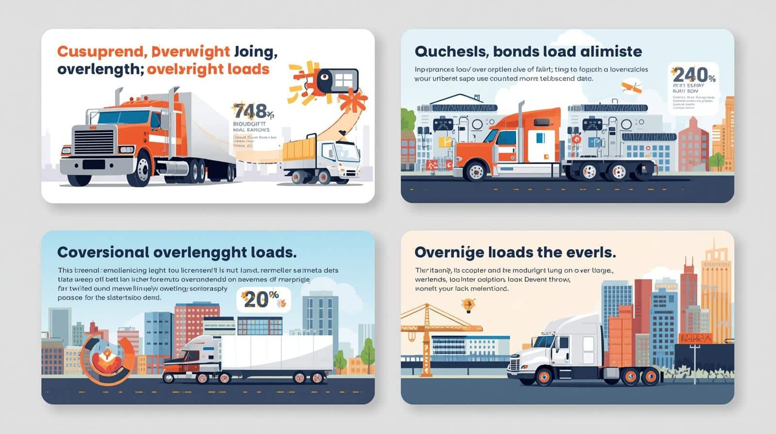 Four illustrated infographic panels showing different types of overweight truck loads with statistics - including overweight loads (748% increase), bonds load (240% increase), conversational overlength loads (20% statistic), and overnight loads.