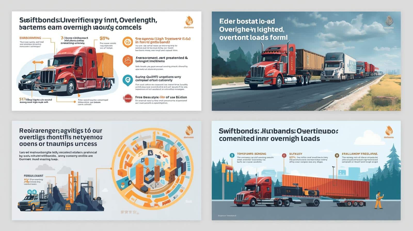 Six illustrated infographic panels about trucking regulations and overweight loads, featuring trucks, industrial facilities, highway scenes, and circular diagrams with accompanying statistics and text explanations.