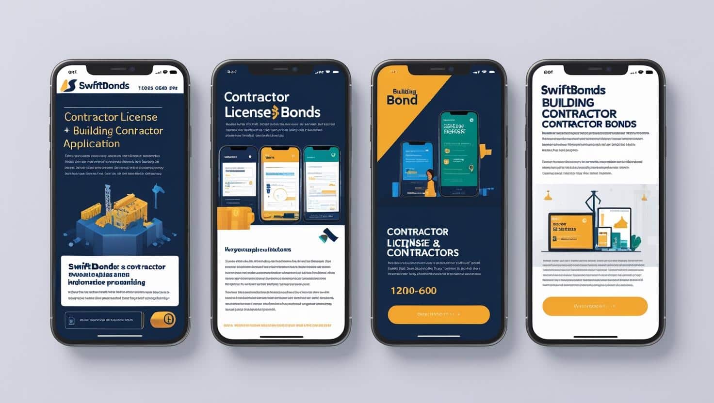 Four smartphone mockups displaying contractor license and building bond application layouts from SwiftBonds.
