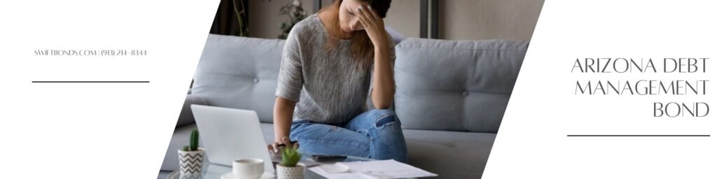 Arizona Debt Management Bond - Unhappy woman calculate home finances on calculator. Calculating her debt.