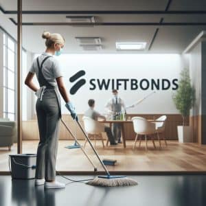 Janitorial Bond - Janitor cleaning with Swiftbonds name in background