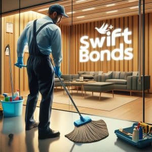 Janitor cleaning, swiftbonds logo in background on wall. cleaning supplies, mops