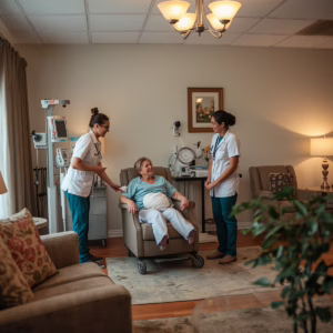 Home health nurses assisting elderly patient in Arkansas care facility for Arkansas Home Health Agency Bond compliance