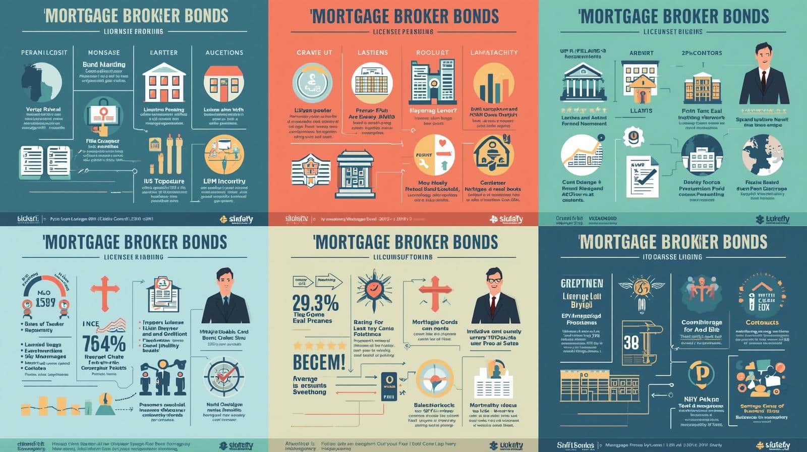 Colorful infographic detailing different aspects of mortgage broker bonds, including licensing, risks, and compliance.