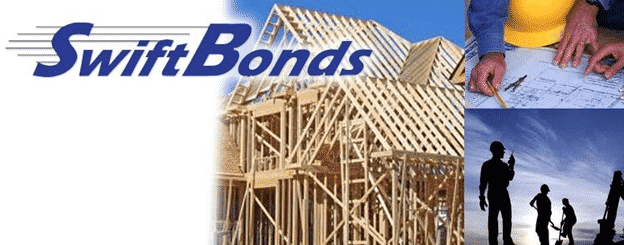 Logo of Swiftbonds - the leading provider of surety bonds, next to construction site, architectural drawing for construction bond, workers