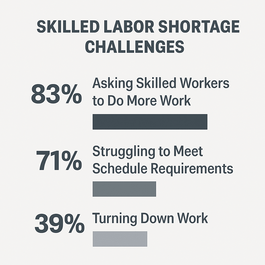 Infographic showing skilled labor shortage challenges, with 83% of contractors asking workers to do more, 71% struggling with schedules, and 39% turning down work.