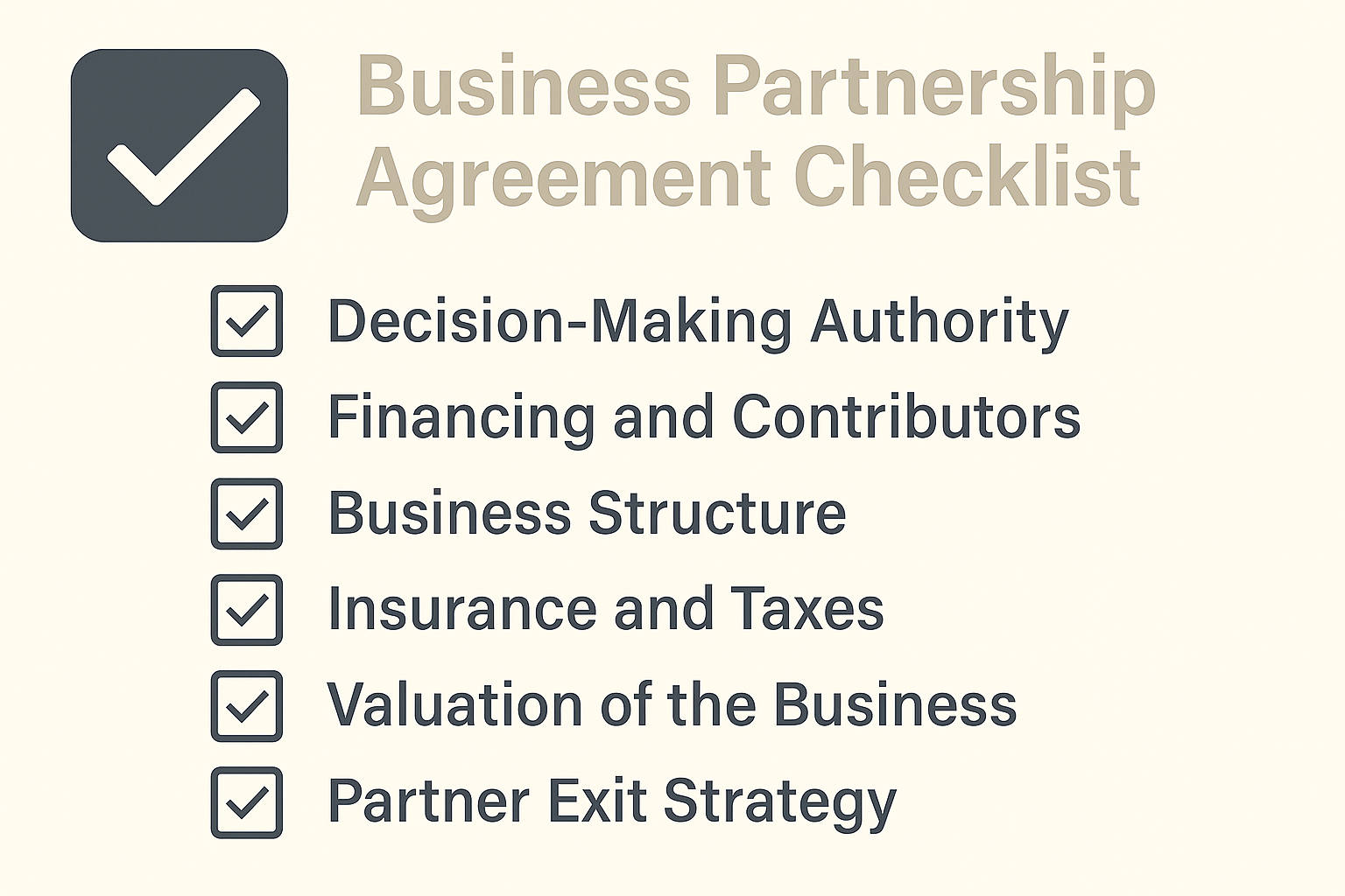 Checklist graphic listing six critical items to include in a business partnership agreement.