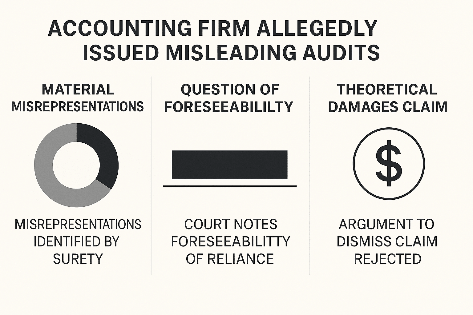 Infographic outlining surety’s claims of audit misrepresentations, court's recognition of foreseeable reliance, and rejection of a theoretical damages defense.