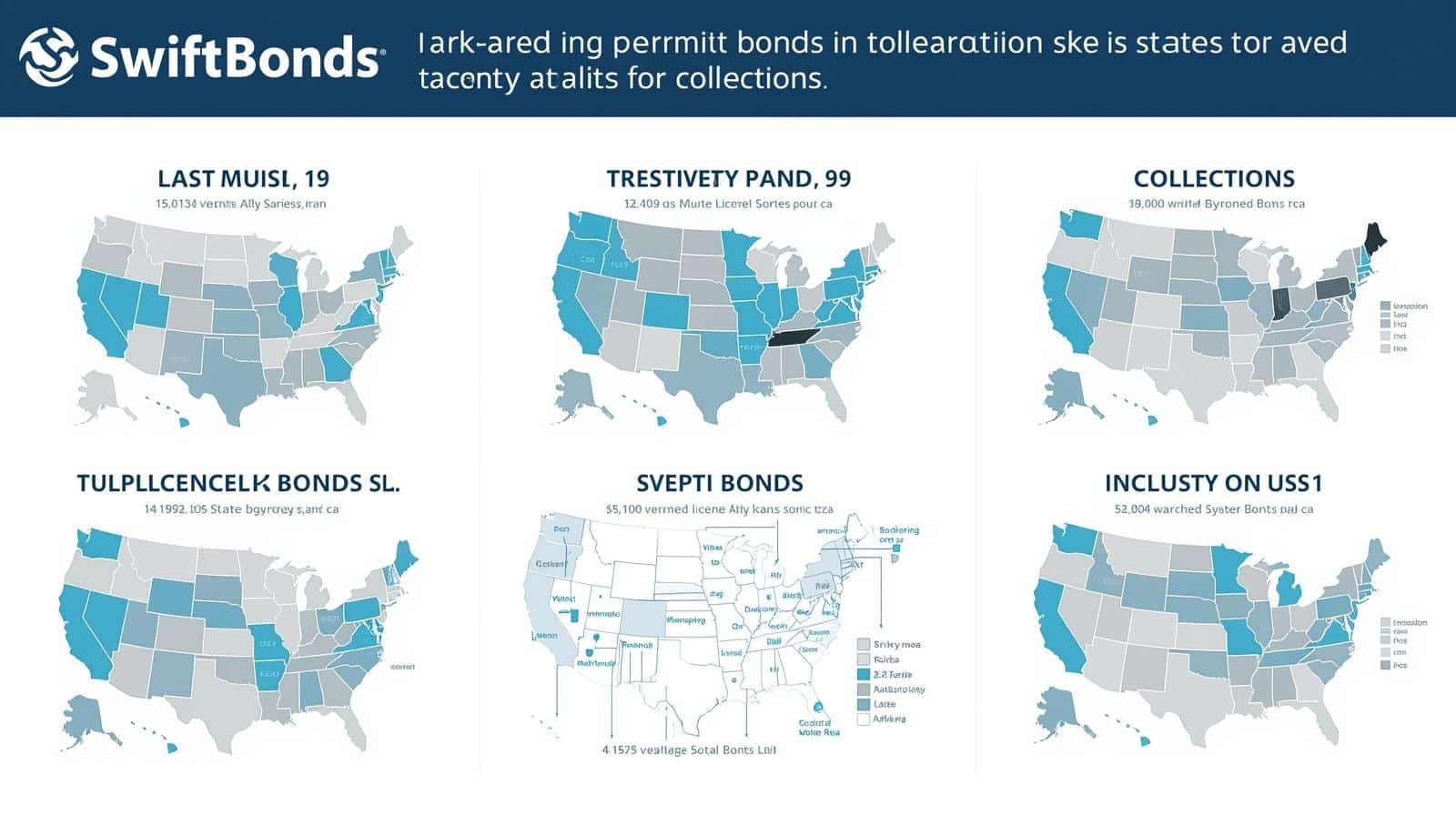Infographic with U.S. maps showing states that require surety bonds for collection agencies, highlighting licensing and bond compliance patterns.