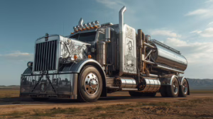 Heavy tanker truck hauling an overweight load in compliance with Texas overweight vehicle permit regulations