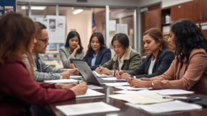 Business owners meeting with city officials to review license and permit bond requirements in Arlington, Texas