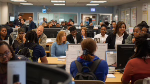 Professionals reviewing permit and bond documents at a municipal office in Arlington, Texas
