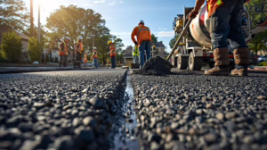 Construction crew pouring concrete for a residential sidewalk project in Beaumont, Texas, demonstrating bonded driveway and sidewalk contractor work.