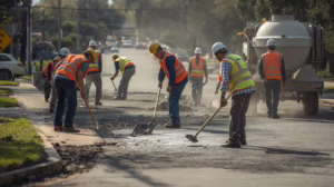 Roadwork team repairing pavement and sidewalks in a Beaumont neighborhood, highlighting permit-compliant contractor construction activity.
