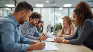 Business owners reviewing license and permit bond documents together to meet City of Bellmead, Texas compliance requirements