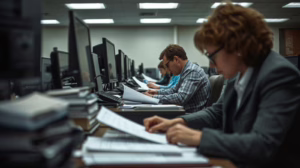 Professionals examining licensing documents required for a City of Bridge City, TX Generic License and Permit Bond.