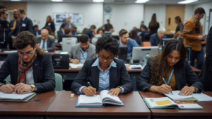 Applicants completing regulatory paperwork related to city license and permit bond requirements in Bridge City, Texas.