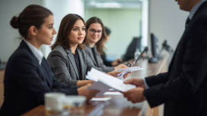 Business professionals submitting licensing paperwork illustrating the City of Brownfield generic license and permit bond application process