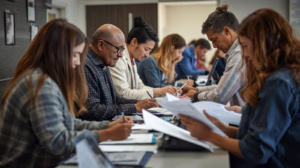 Group of applicants completing business licensing forms representing City of Cameron generic license and permit bond requirements
