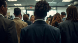Group of business professionals waiting in a government building symbolizing municipal licensing, permit approval, and bond compliance in Childress, Texas