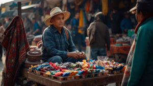Vendor selling assorted merchandise from a portable table, symbolizing lawful peddling and consumer protection through city bonding
