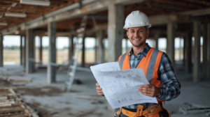 Licensed general contractor reviewing construction plans on a commercial job site in Conroe, Texas.
