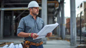 Professional contractor examining blueprints inside a commercial building under construction in Conroe, Texas.