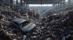 Large indoor scrap metal facility with crushed vehicles and recyclable metals, showing commercial metal recycling operations requiring city bonding