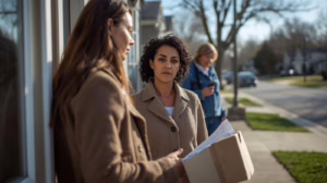 Paid solicitor speaking with residents during door-to-door solicitation regulated by the City of Del Rio, TX solicitor bond.