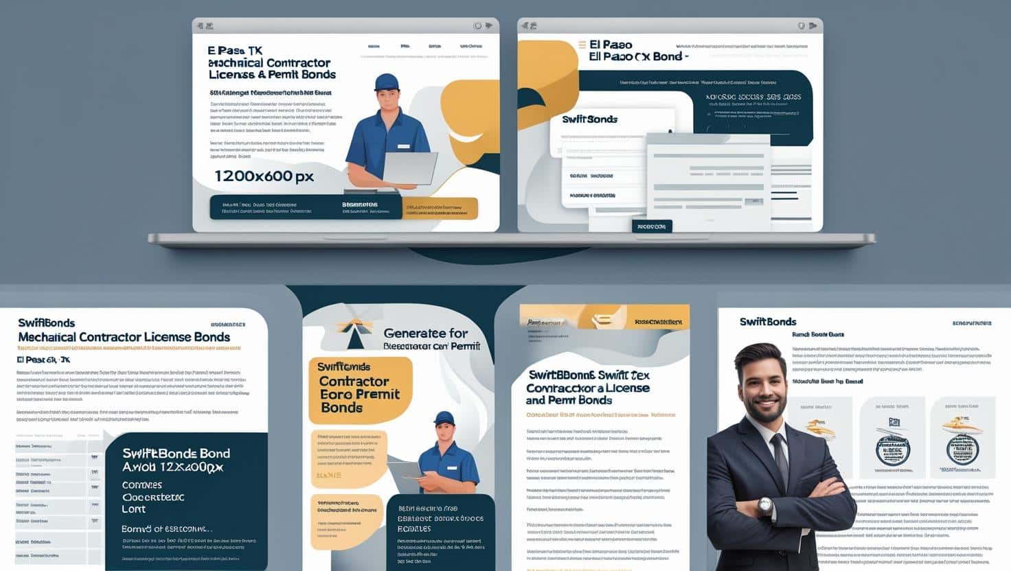 Marketing materials and professional imagery showcasing SwiftBonds mechanical contractor bond services in El Paso.