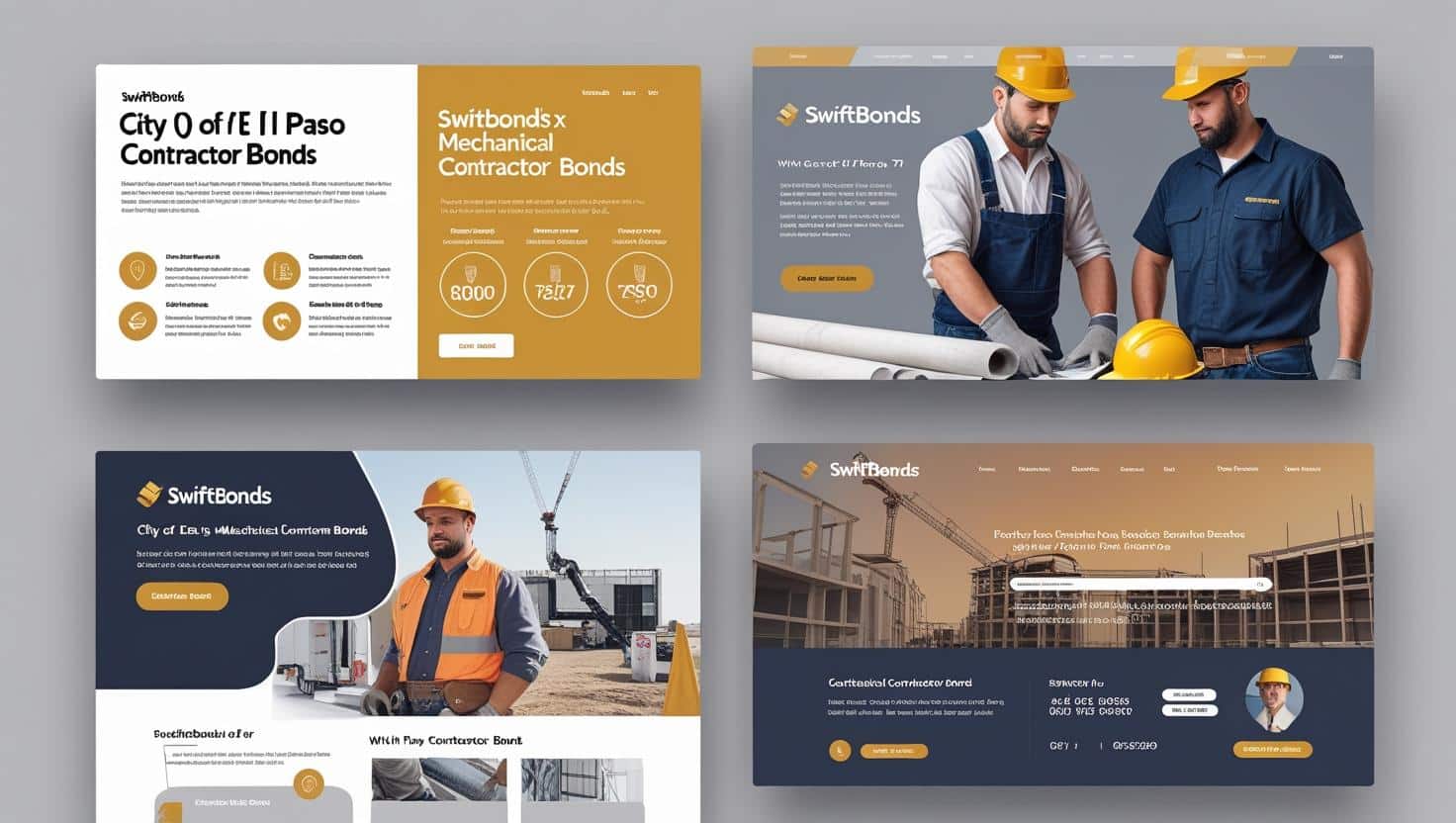 Website mockups and contractor visuals promoting SwiftBonds mechanical contractor bonds in El Paso.