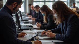 Business owners completing licensing paperwork at a municipal office to meet City of Lockhart, Texas generic license and permit bond requirements.