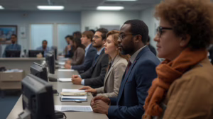 Business owners attending a municipal licensing office to meet City of Marble Falls, Texas generic license and permit bond requirements.