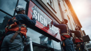 Licensed sign installers mounting a commercial storefront sign in compliance with City of McAllen, Texas sign permit regulations.