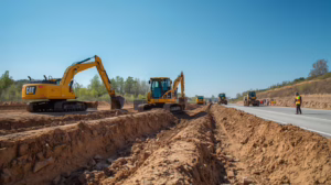 Excavators digging utility trenches beside roadway showing contractor excavation work that requires a City of Round Rock TX right-of-way permit bond.