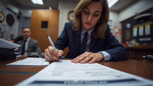 Professional signing licensing documents representing compliance with Santa Fe Texas business bond requirements