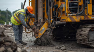 Well drilling contractor operating heavy equipment in Texas, demonstrating professional water well installation subject to bonding requirements.