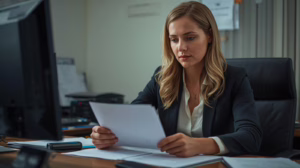 Administrative professional verifying Edinburg, Texas license and permit bond documentation for business approval