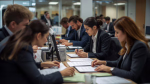 Business professionals reviewing license and permit bond documents for El Campo, Texas regulatory compliance