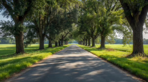 Tree-lined roadway representing protected public right of way areas impacted by utility and infrastructure projects in Fort Bend County