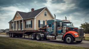 House being transported on a flatbed truck in Texas, representing bonded house moving operations and regulatory compliance in Garland.