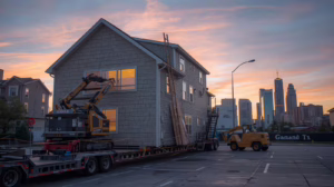 Residential structure being relocated in Garland, TX, illustrating licensed house moving supported by a required surety bond.