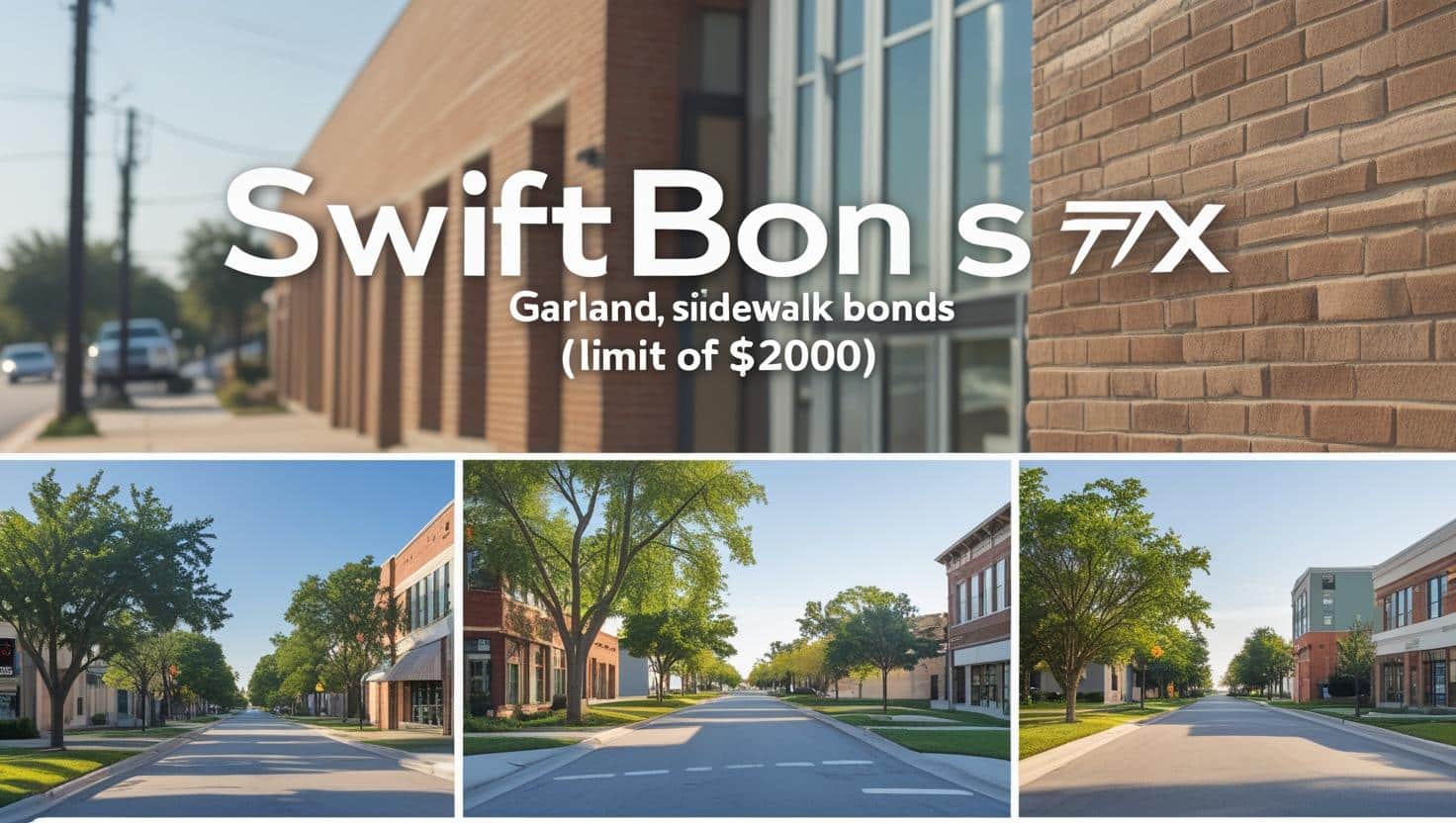 Swiftbonds banner highlighting Garland, TX sidewalk bonds with ,000 limit and city streetscape.