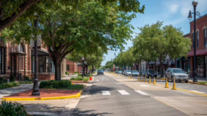 Downtown Haltom City street showing active roadway and sidewalk construction requiring a public streets bond
