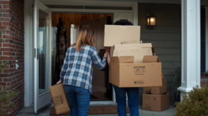 Professional house movers carrying packed boxes into a Haltom, Texas home during a licensed residential relocation project.