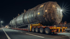 Oversize industrial vessel being transported on a multi-axle trailer at night under Harris County oversize and overweight load permit requirements.