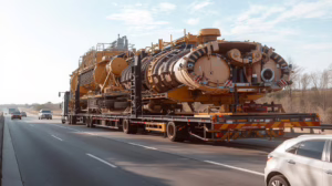 Overlength and overweight machinery load traveling on a Texas highway with escort vehicles under Harris County transport bond regulations.